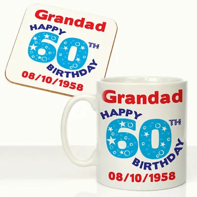 £15.99 • Buy Personalised Mens 60th Birthday Mug Coaster Set Grandads 60th Birthday Gift Idea