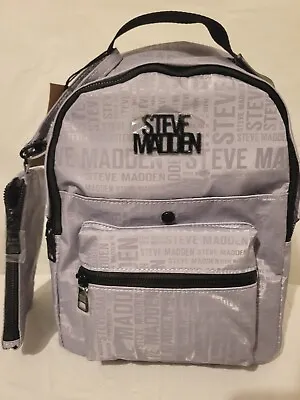Steve Madden All Over Logo Print Backpack W Wristlet/ Cosmetic Bag Gry 2 Pc Set • $79