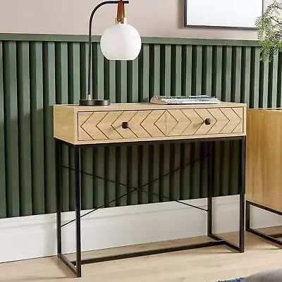 Console Table 2 Drawers Aztec Design Oak Effect Metal Legs Hallway Storage Unit • £69.99