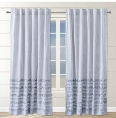 Decoberry Riviera - Stripes With Ruffles - French Blue & White Curtain Set Of 2 • $39.90