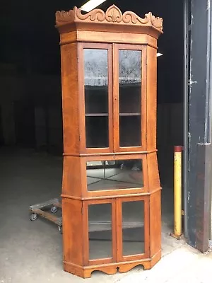 STUNNING Antique Quartersawn Oak Corner Cabinet Glass Doors Mirrored Shelf 99  H • $3950