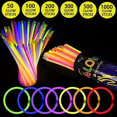 50/100/200 8  Glow Sticks Bracelets Necklaces Party Favors Neon Color +connector • £1.99