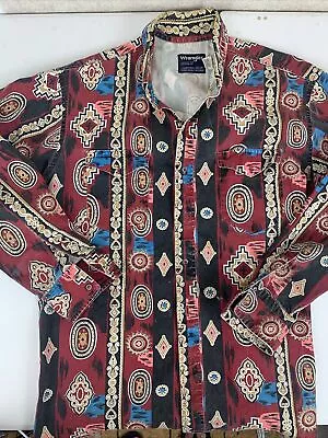 Vintage Aztec Wrangler Button Cowboy Shirt Size 16 1/2x34 Rodeo Single Needle • $47.95