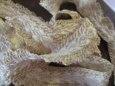 BTY  Vintage Ivory Gold   Ruche  Gathered Silk  Ribbon Lace Metalic Trim France • $18.50