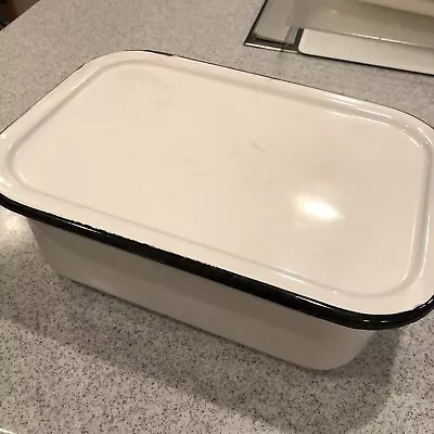 Vintage Rectangular Enamelware White Black RefrigeratorBoxPan Damaged But Useful • $5