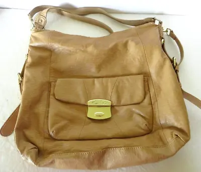 Marc Fisher Womens Purse Satchell Bag Shoulder Strap Tan Faux Leather Gold Tone • $18.99