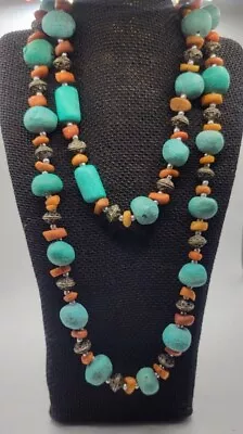 Vintage Chunky Raw Tumbled Turquoise & Coral Beaded Ornate Rondels 42  Necklace  • $99