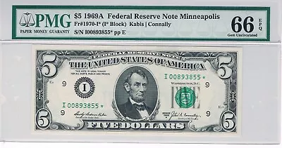 ⭐ Fr. 1970-I*  Star 1969 A $5 Federal Reserve Note Minneapolis PMG 66 EPQ • $67