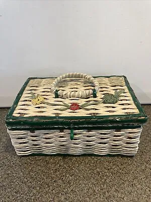 $25 • Buy Vintage Wicker Sewing Basket Small 7  Child's Woven Sewing Box Blue No Insert