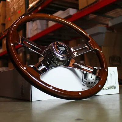 18  Real Wood Steering Wheel 4 Spoke Aluminum Rivets Chrome Semi Trucks Rigs • $172.88