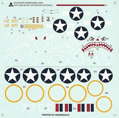 Accurate Miniatures 1/48th Scale B-25C Mitchell - Decals From Kit No. 3431-0300 • $16.99