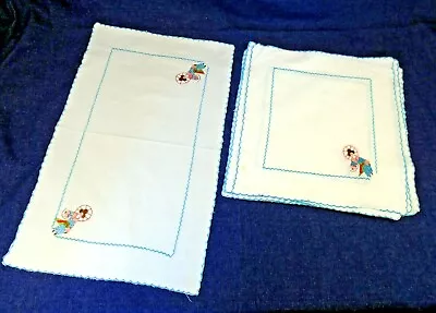 Set Vintage Asian Lady Turquoise Embroidered 6 Fabric Napkin Centerpiece Runner • $11.95