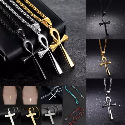 Egyptian Ankh Pendant Necklace Cross Of Life Egypt Symbol  Stainless Steel Chain • £3.94