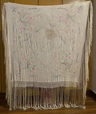 Antique Chinese Vintage Manton De Manila Hand Embroidered Silk Roses Piano Shawl • $750