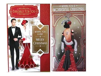 Christmas Greetings Card Pack 6 Cards Art Deco Lady Glitter Gems Decoupage • £12.99