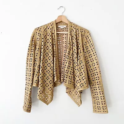 MILLY Lamb Leather Geometric Laser Cut Perforated Cropped Jacket Tan Size Small? • $199