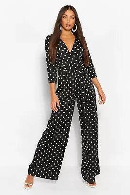 Boohoo Tall Black & White Polka Dot Tie Belt Wrap Jumpsuit Sz 10 • £10.99