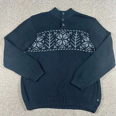 Chaps Christmas Sweater Mens M Medium Black Snowflake Button Pullover Jumper • £19.97