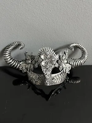 Medieval Silver Eye Mask Mystical Horns Ornate Flowers Cosplay Halloween Party • $7.85