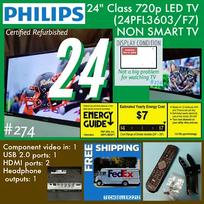 Philips 24  Class 720p LED TV (24PFL3603/F7) With Remote & Stand / NON SMART TV • $59.55