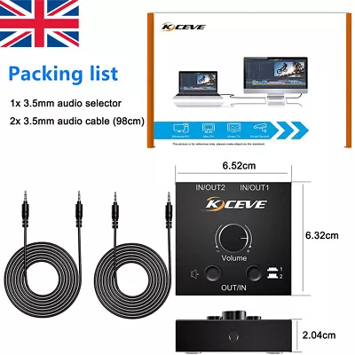 2-Way 3.5mm Audio Switch Switcher 2 X 1/1 X 2 Audio Splitter With 3.5mm Cable UK • £19.39