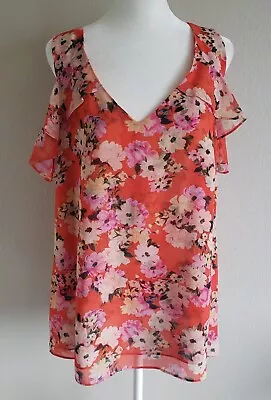 Cabi Blouse Bright Floral V-Neck Ruffle Layer Chiffon Lined Cold Shoulder Size M • $13.99