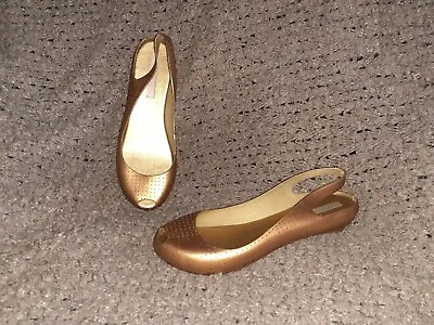 MELISSA-Gold Dotted Perforated Lined Jelly Slingback Flats-Sz 7-Excellent • $19.99