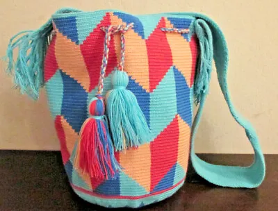 Bag Wayuu Mochila Bucket Boho Colombia Rioacha Blue Peach Coral Crochet New #61 • $48