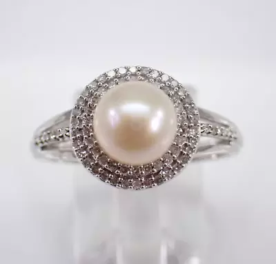 2.20Ct Round Lab-Created Pearl Wedding Halo Ring 14K White Gold Plated Silver • £132.13