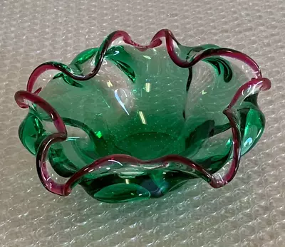 1960s Italy Murano Art Glass Ruffled Ashtray Or Bowl W/Bullicante Bubble Base • $35