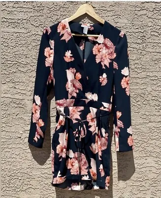 H&M Navy Romper Jumpsuit Floral Tie Belt Pockets Long Sleeve Size 6 • $22