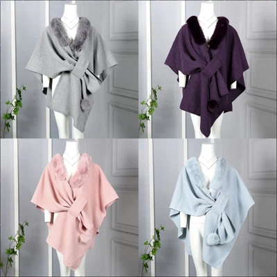 £38 • Buy Woman Wool Poncho Ladies Faux Fur Collar Pullover And Pompom Cape Poncho Wrap