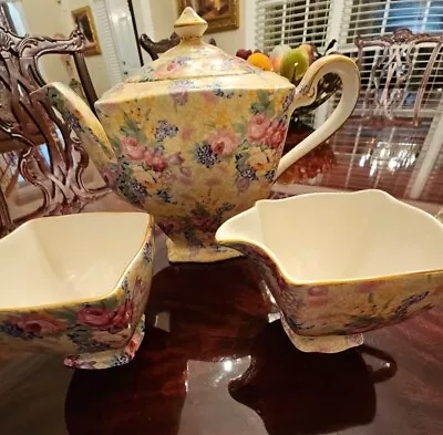 Royal Winton Grimwades  Welbeck Chintz Floral Yellow Teapot + Sugar Creamer Jug • $129.95