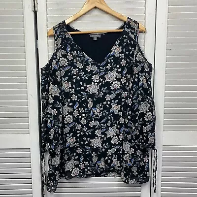 Autograph Top Womens 14 Black Cold Shoulder Sleeve V Neck Floral Lined • $5