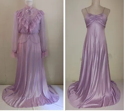Vintage Victorian Prairie Disco Dress 2 Pc Lavender Lace Sheer Romantic PROM • $65