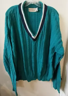 Varsity Tennis Style V-neck Cable Knit Sweater Teal Green XL By Hastings • $15.95