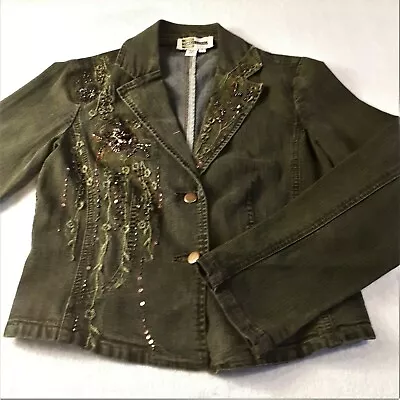 $29.71 • Buy Simon Chang Women's Denim Jacket Sz 8 P Faded Waist Coat Embroidered Beadwork