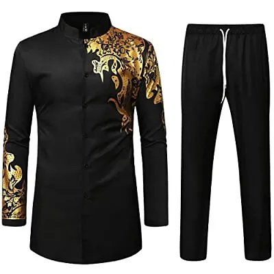 Men's 2 Piece Outfits Long Sleeve Button Down African Dashiki Shirts FREE UK P&P • £65.99