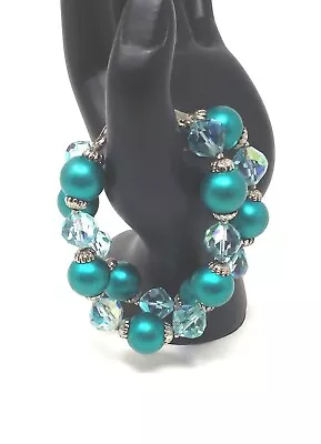 Vtg Lisner Double 2 Strand Teal Gumdrop Bead Bracelet W/ Baby Blue Crystals • $8.50