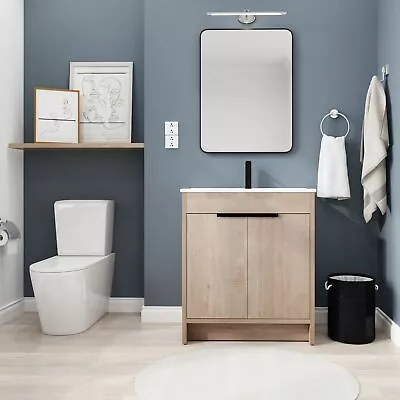 30 Freestanding Bathroom Vanity W/White Ceramic Sink With Doors Plain Light Oak • $513.70