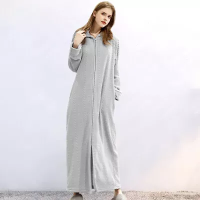 UK Winter Warm Hooded Dressing Gown Bath Robe Soft Fleece Zip Long Robes • £22.76