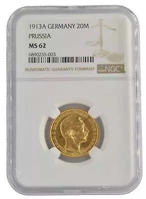 1913A Germany States Prussia 20 Mark NGC Graded MS62 .900 Fine Gold Coin • $699.99