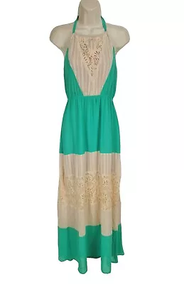 $34.99 • Buy Flying Tomato Green Beige Lace Mix Maxi Dress Halter Neck Women Size M