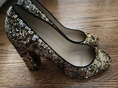 J Crew Etta Sequin Pumps Heels 8.5 Gold Silver Black  • $99