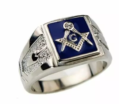 $26.99 • Buy 18K W GOLD EP MASONIC FREEMASON MENS DIAMOND SIMULATED RING Sz 7-14 Blu Mason 33