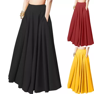 Women Casual Loose Skirt Elastic High Waist Skirts Flare A-Line Long Maxi Dress • £10.33