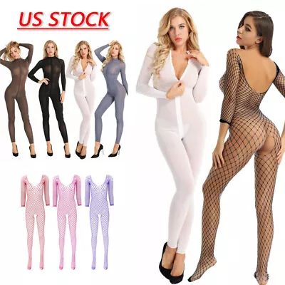 US Women's Sexy Sheer Mesh Bodysuit Long Sleeve Leotard Bodystocking Sleepwear • $13.42