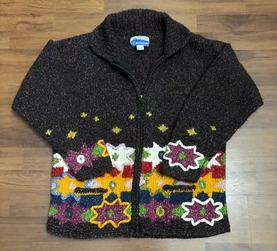 Ecuador Brand Vintage Wool Hand Knit Sweater Zip Up Patchwork Size Small Medium • $62.99