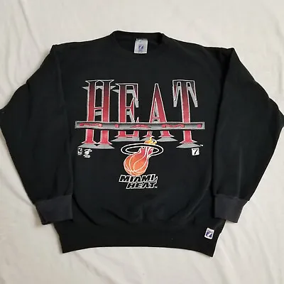 Vintage Miami Heat Sweatshirt Crewneck Black Logo 7 90s Logo Spellout USA Large • $74.99