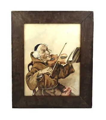 Antique 1907 Watercolor Painting Portrait Monk Playing Violin Violinist Signed • $80